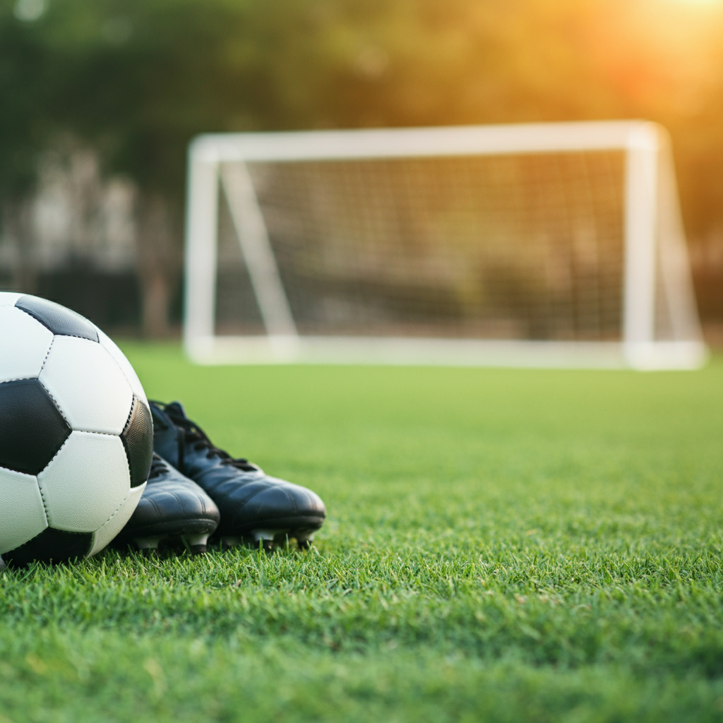 Feature image of a football on a grassy field with boots, representing learning to play football.