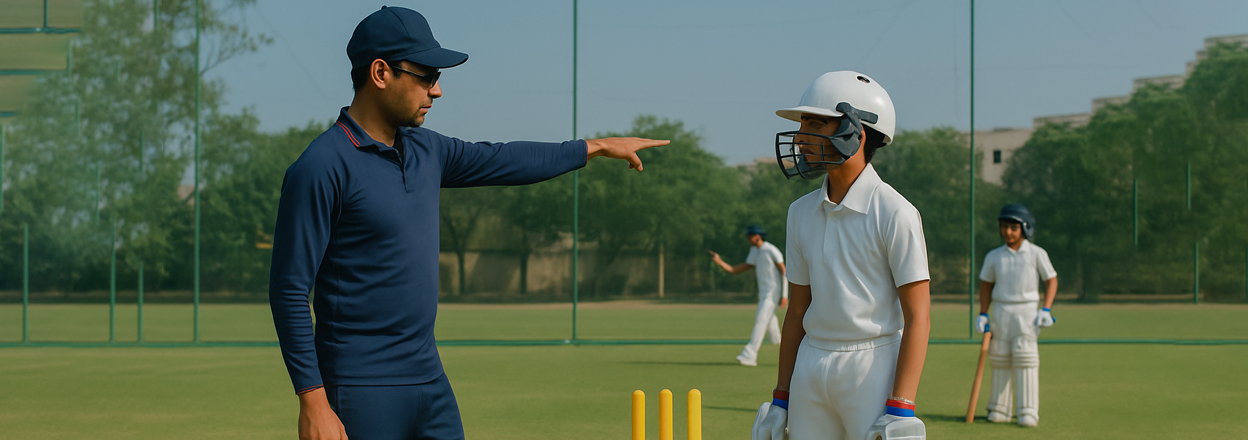 Delhi cricket academy weekend training session with coach and players.