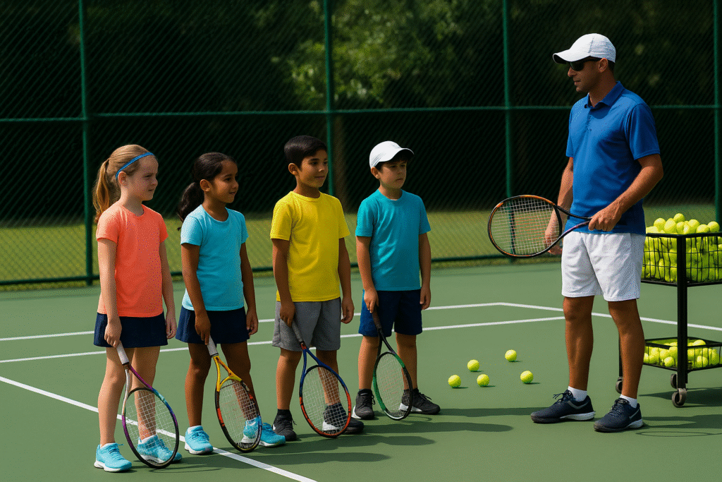 Coach training kids at Yellow Balls Tennis Academy in Delhi