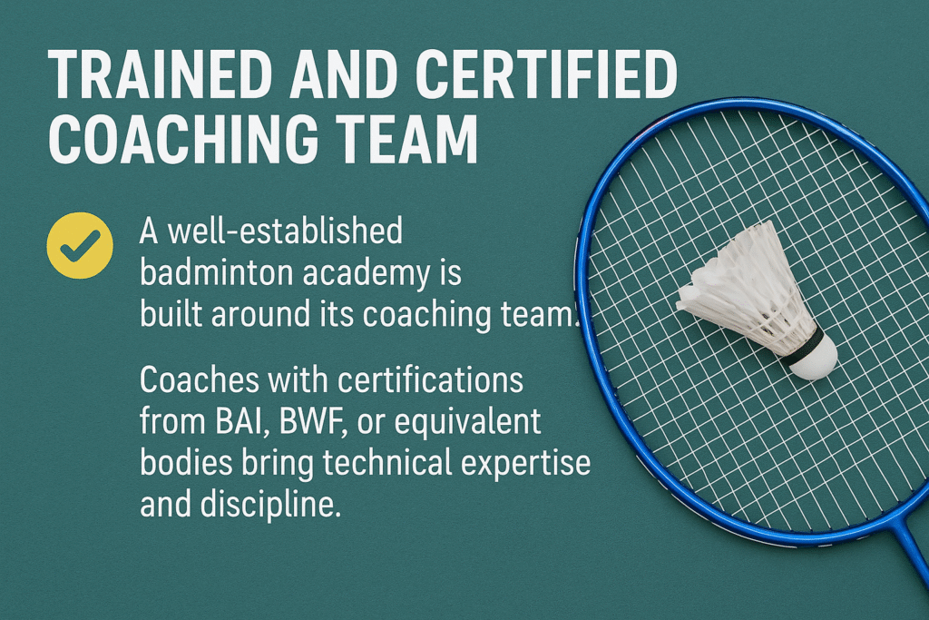 Badminton coaching team info with racket, shuttlecock, and certification text

