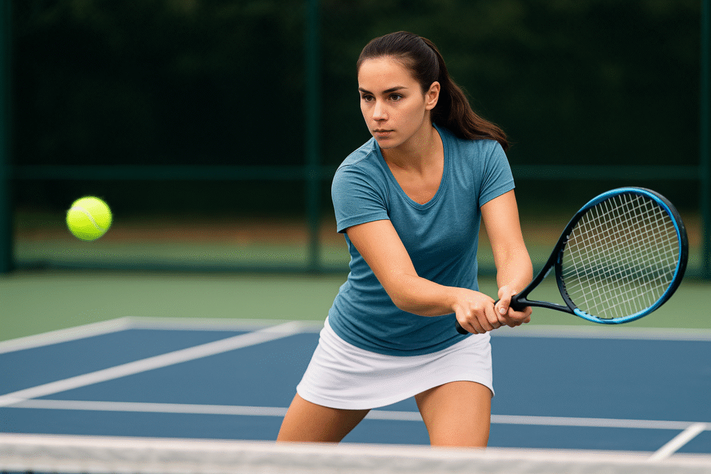 Female player practicing backhand shot during tennis coaching in Delhi