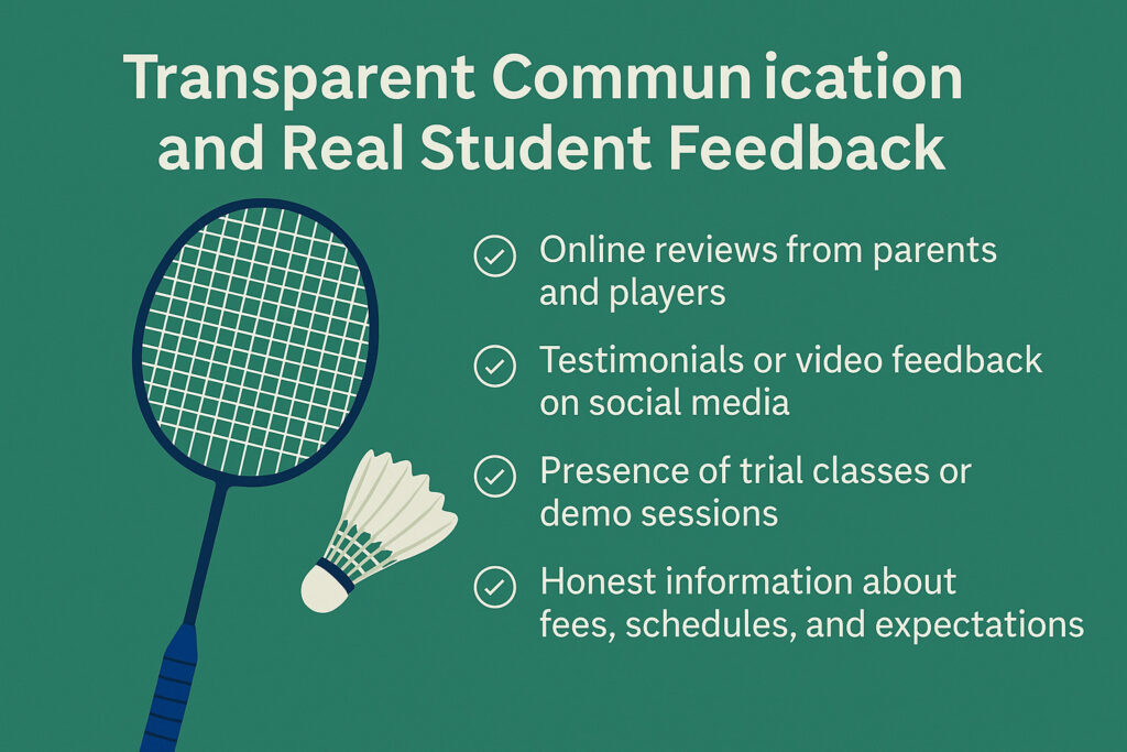 Infographic highlighting real student feedback and transparent communication in badminton academies
