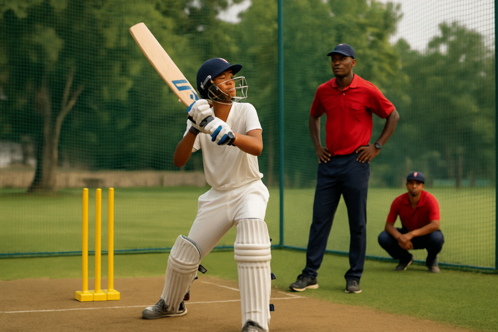 Sharma Cricket Academy player practicing with coach in nets
