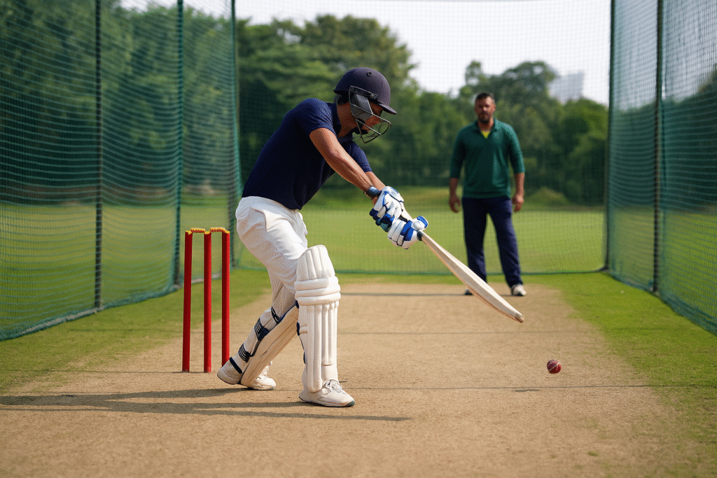 CRD Cricket Academy player practicing batting in nets with coach
