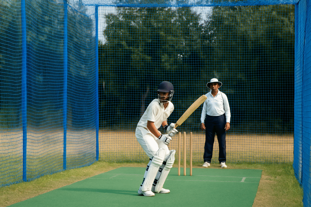 Dronacharya Cricket Academy player practicing in nets with coach supervision