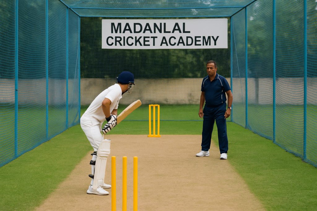Madan Lal Cricket Academy player practicing in nets with coach