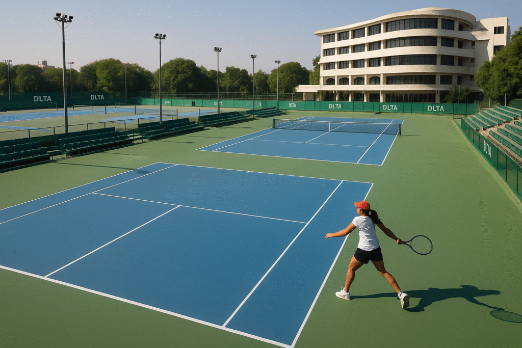Delhi Lawn Tennis Association courts at R.K. Khanna Stadium with player in action