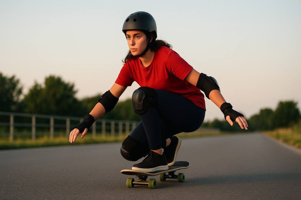 Girl skateboarding in Delhi with helmet and protective gear