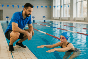 Swimming classes in Delhi with coach guiding young swimmer in pool