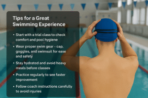 Tips for a great swimming experience with swimmer preparing at poolside