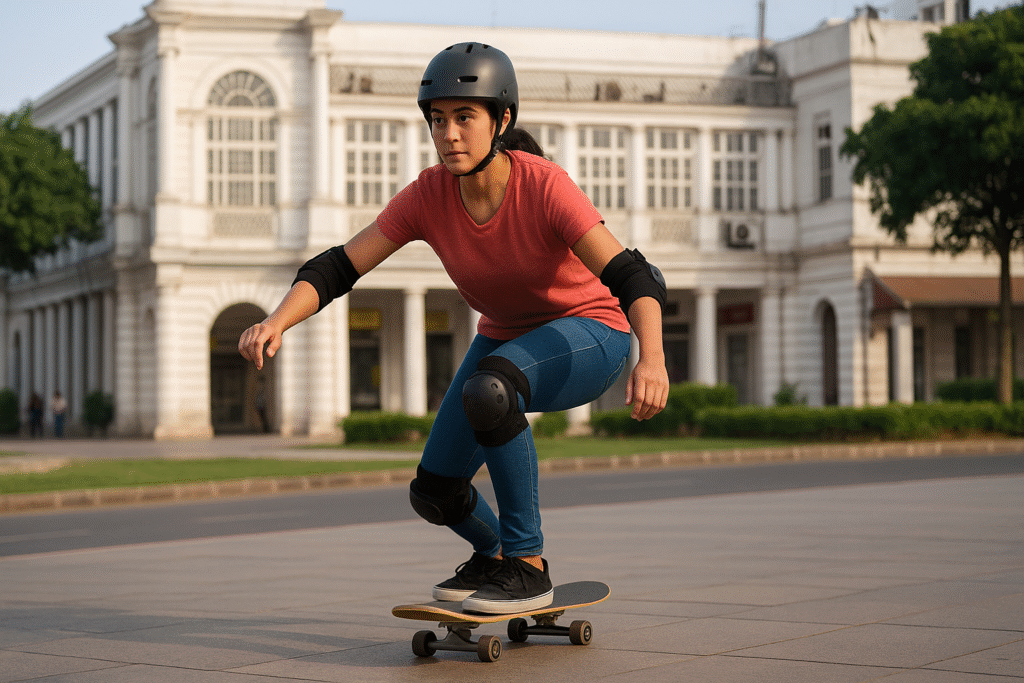 Girl skateboarding at Connaught Place Skating Academy in Delhi
