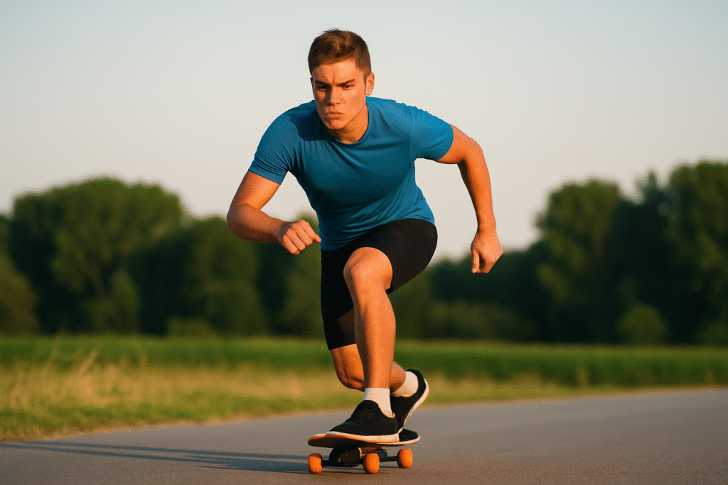 Boy skateboarding on outdoor track in Delhi with blue t-shirt