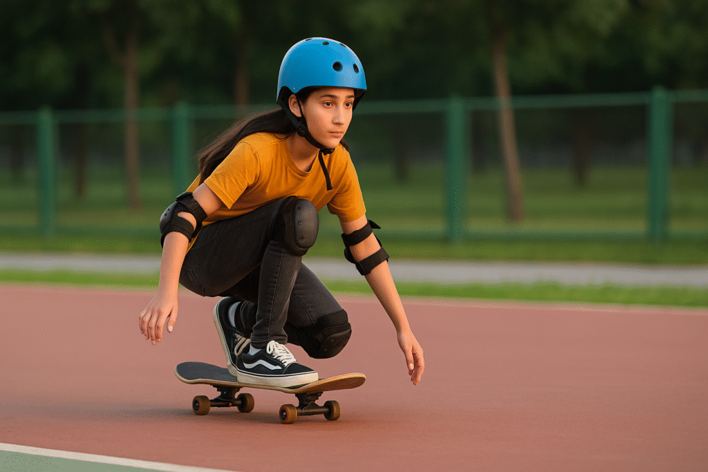 Girl skateboarding at Dwarka Skating Academy outdoor rink